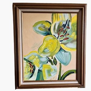 Contemporary Original Painting Yellow Flower Abstract Gold Framed Floral Garden